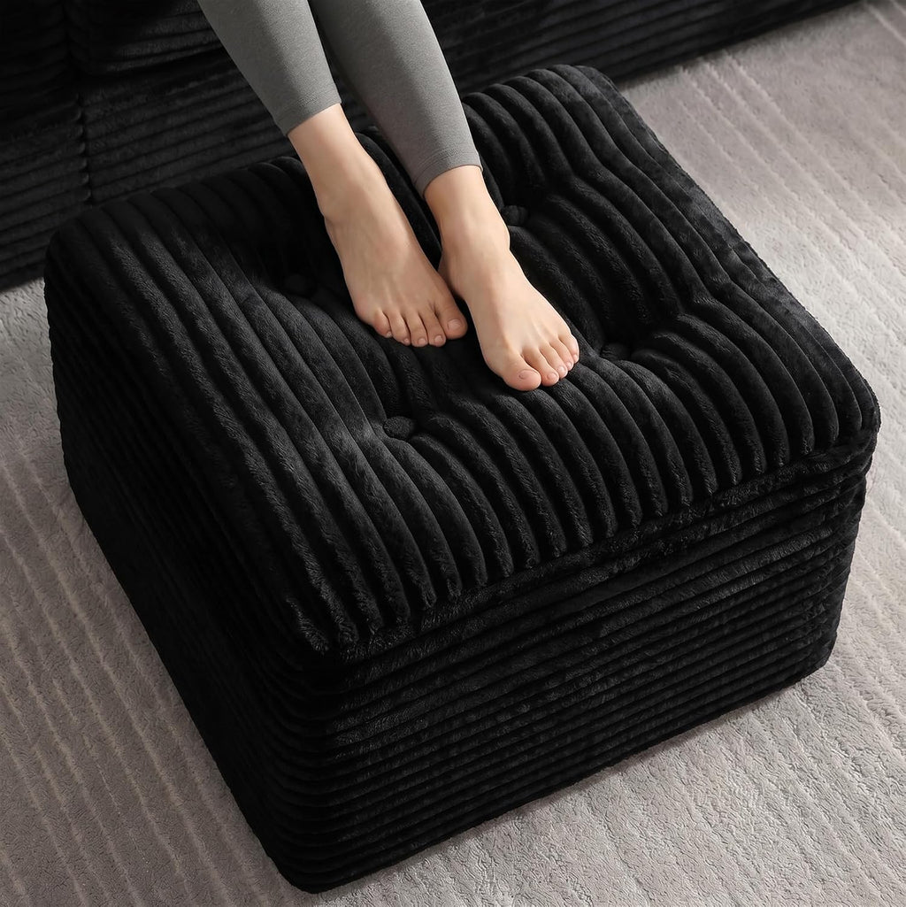 23.6in Pouf Ottoman, Corduroy Ottoman Foot Rest with Dual‑Layer Support, Large Poofy Pouf with Soft Chunk‑Foam Top & Firm Foam Base, Floor Foot Stool for Living Room, Black