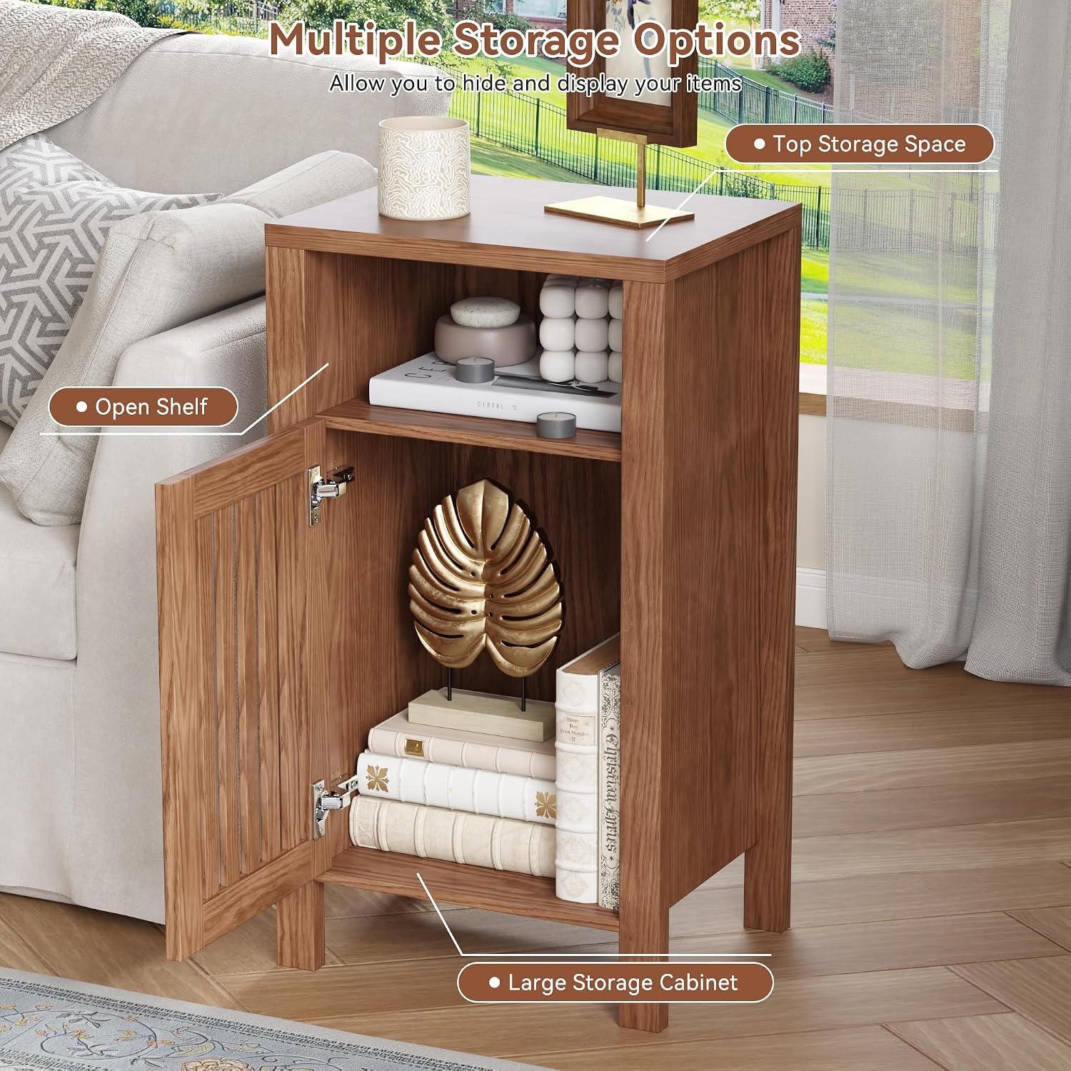 Farmhouse Nightstand Set of 2, Modern Bedside Table with Door and Open Shelf, Compact End Table Side Table with Storage for Small Spaces, Bedroom(Brown)