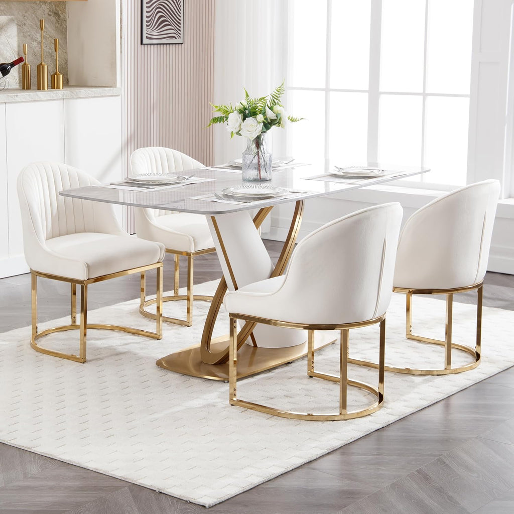 Velvet Dining Chairs Set of 4, Upholstered Dining Room Chairs with Golden Metal Legs, Modern Kitchen Side Chairs Reading Chair (Golden - Beige, Set of 4)
