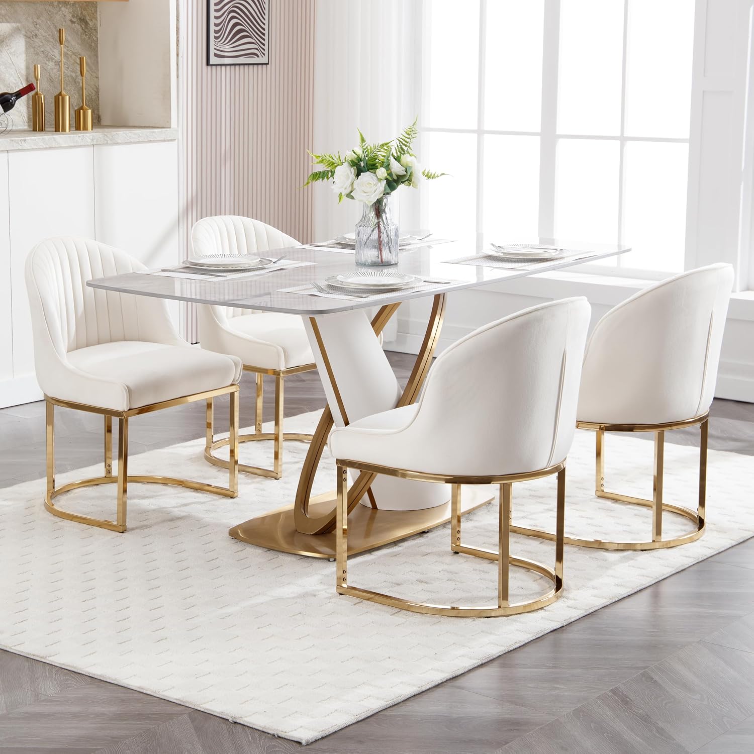 Velvet Dining Chairs Set of 4, Upholstered Dining Room Chairs with Golden Metal Legs, Modern Kitchen Side Chairs Reading Chair (Golden - Beige, Set of 4)