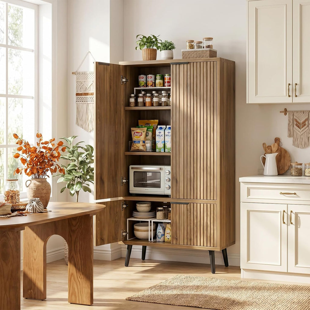 Oak Fluted 51" Tall Wooden Kitchen Pantry Storage Cabinet Food Organize with Adjustable Shelves, Modern Accent Cabinet Sideboard Buffet for Dining Room, Entryway, Bathroom, Home Office