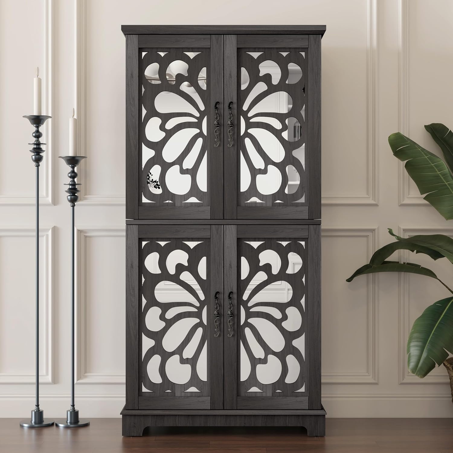JIJIWANG Kitchen Pantry Storage Cabinet with Acrylic Mirrored Doors,Large Sideboard Buffet with Adjustable Interior Shelf,for Dining Room, Living Room, Hallway,Brown