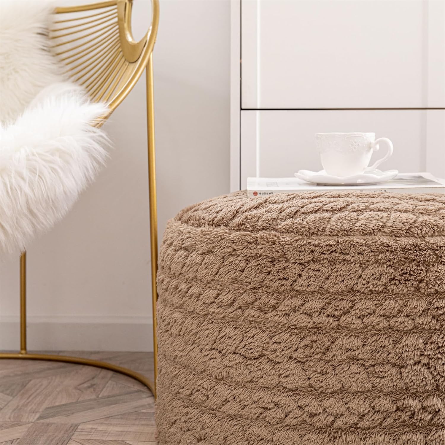 Round Pouf Ottoman 20 x 20 x 14 Inches Boho Poof Home Decor Floor Pouffe Ottoman Foot Rest for Couch Sofa Bean Bag Chairs Living Room Bedroom (Tan)