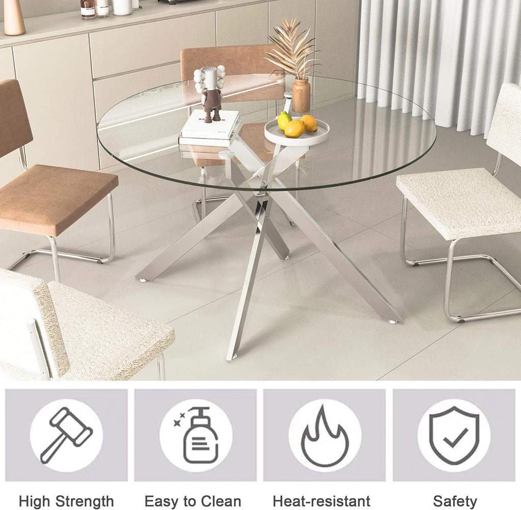 7-Piece Round Glass Dining Table Set for 6, 47" Circle Kitchen Table with 6 Black Velvet Chairs Modern Silver Glass Dining Room Table Set for 6 with Steel Leg Chair