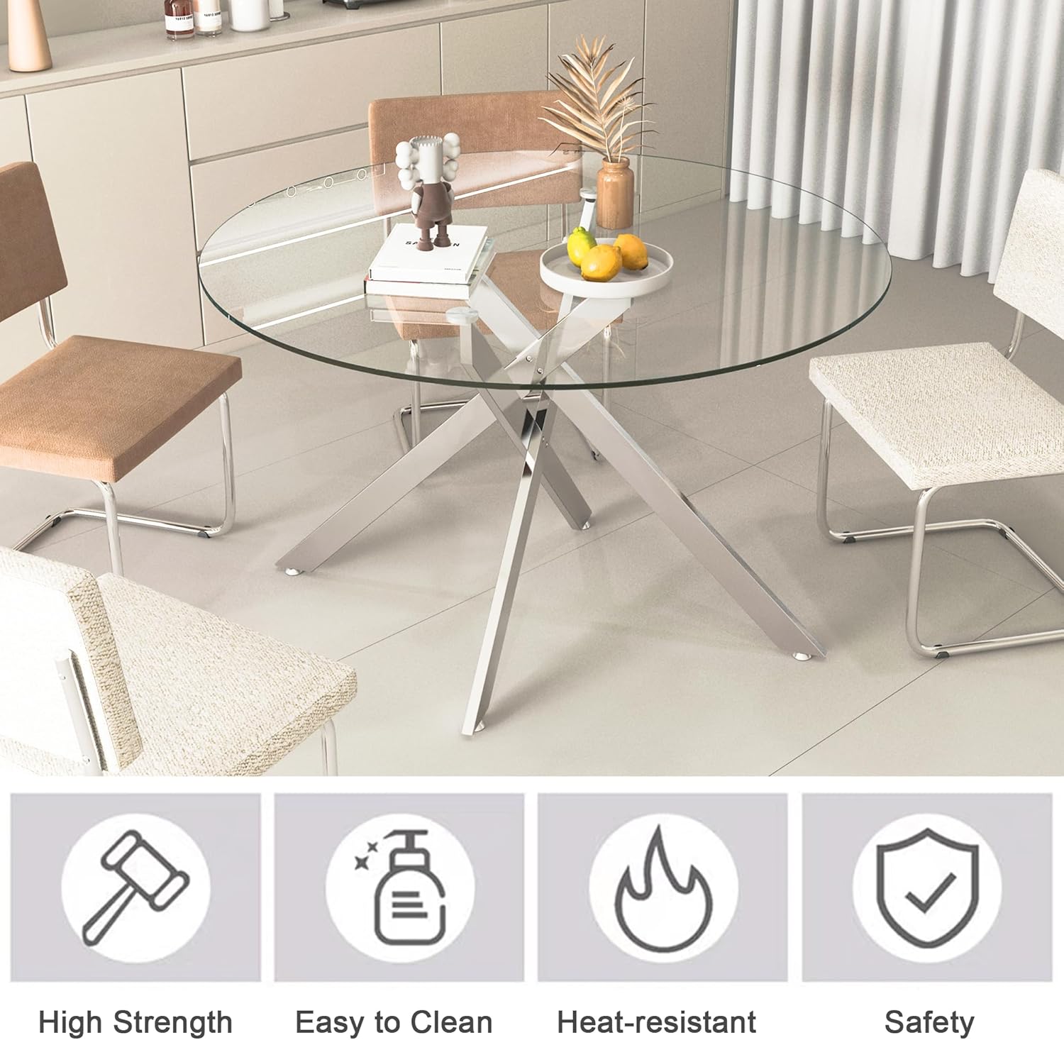 7-Piece Round Glass Dining Table Set for 6, 47" Circle Kitchen Table with 6 Black Velvet Chairs Modern Silver Glass Dining Room Table Set for 6 with Steel Leg Chair