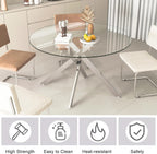 Modern 5 Piece Glass Dining Table Set, 47.2" Round Dining Table Set for 4, Glass Dining Room Kitchen Table with X-Shape Silver Metal Leg & 4pcs Beige Dining Chairs, Modern Circle Glass Dining Set