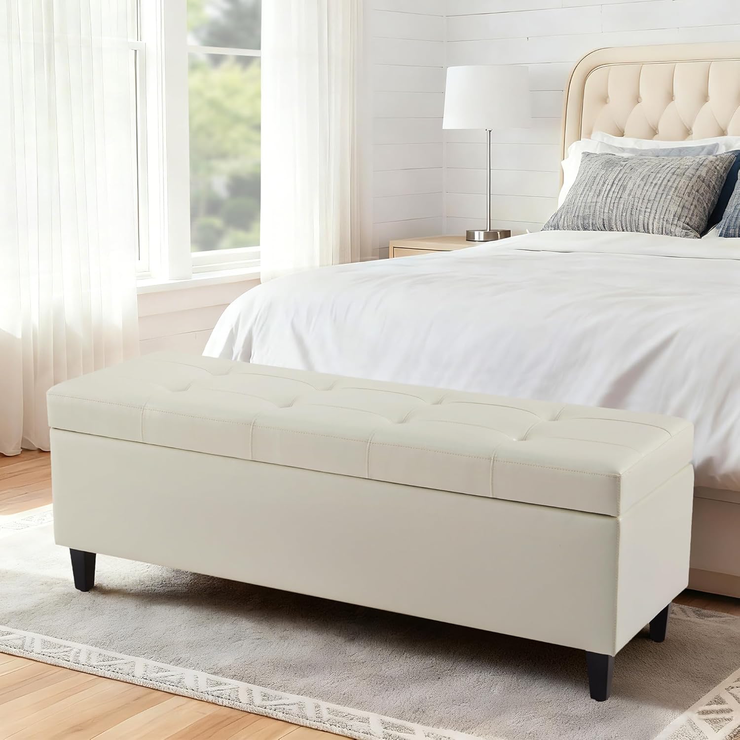 50.5 Inch Storage Ottoman Bench, Faux Leather Tufted Upholstered Bedroom Bench with Safety Hinges, Supports 300 lbs, Large Storage Bench for Living Room, Entryway (Cream)