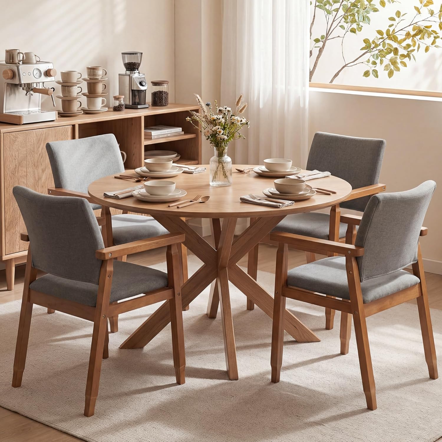 GOTMINSI Mid-Century Modern Linen Dining Chair with Arms, Solid Wood Frame, 320 lbs Weight Capacity, Upholstered Accent Chair for Kitchen Dining Room Living Room (Grey,1pc)