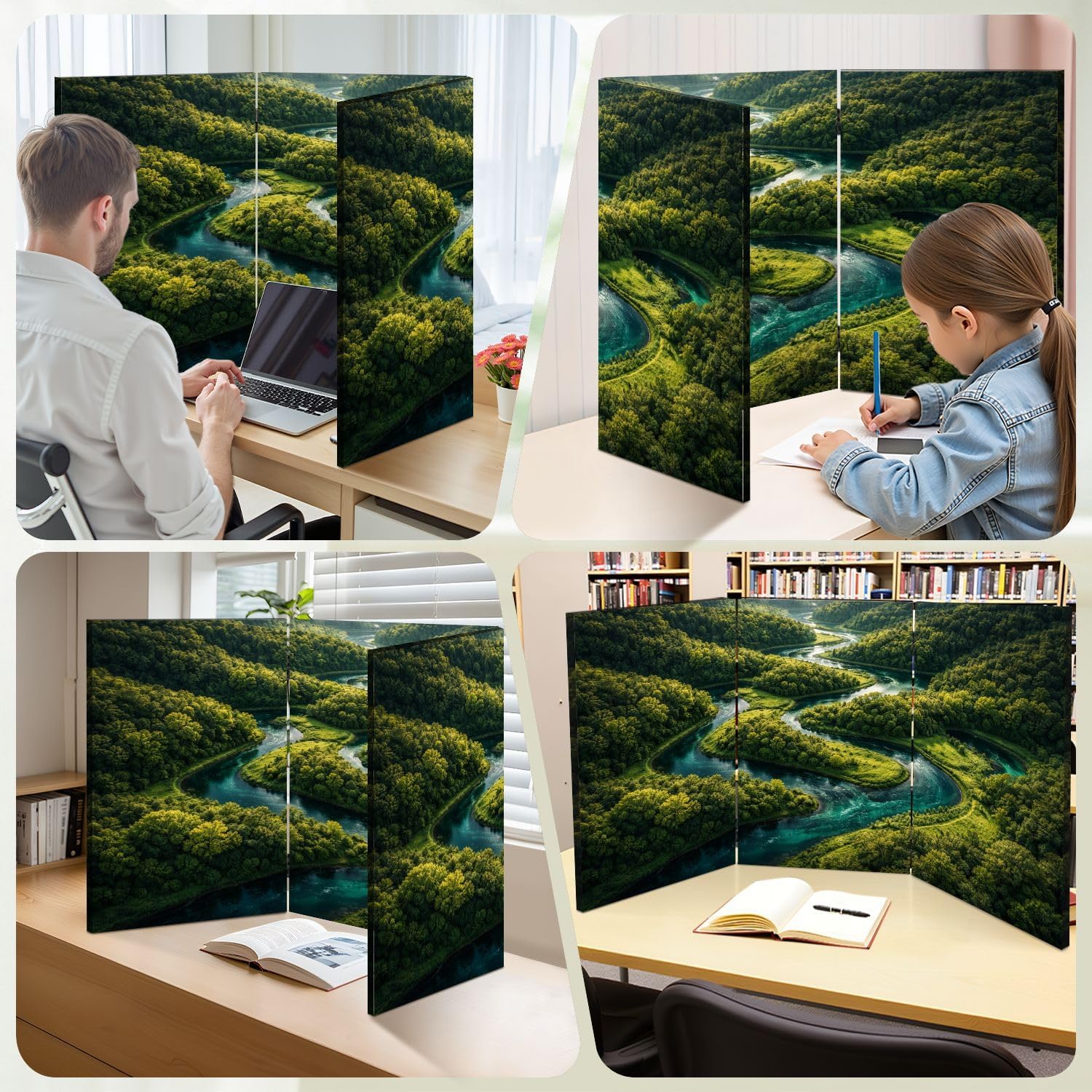 Small 3 Panels Folding Screen Room Divider Winding River Green Forest Vibrant Blue Water Boho Divider for Room Separation Portable Privacy Partition Screen Indoor