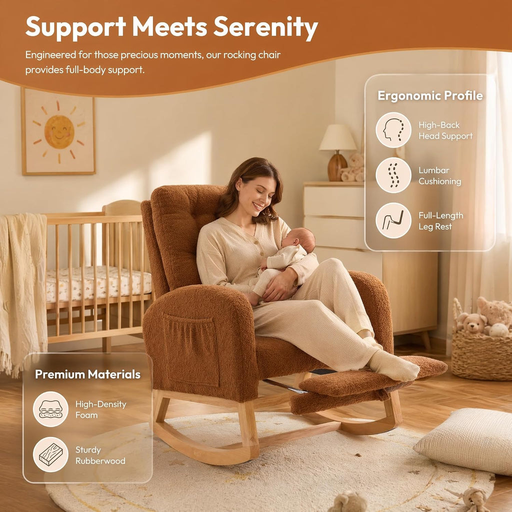 Accent Rocking Chair with Footrest, High Back Upholstered Rocker with Rubber Wood Legs, Lounge Armchair with Side Storage Pocket for Living Room Bedroom Nursery (1, Caramel)