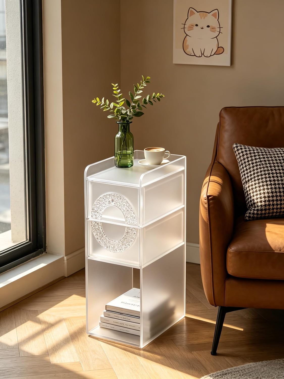 Frosted Acrylic Nightstand with 2 Drawers - Modern Slim Bedside Table for Small Spaces, 9" W x 12.6" D x 22.8" H