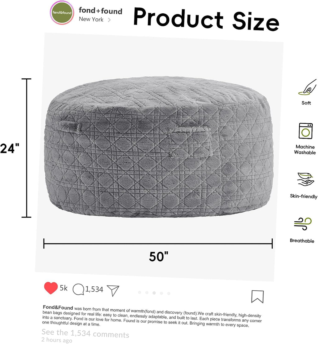5FT Bean Bag Chair Oversized Bean Bags for Adults Large Bean Bag Beanbag Chair Washable Cover Quilted Plush Bean Bags Giant Memory Foam Bean Bag Chairs for Adults Pocket Bedrooms Living Room (Grey)