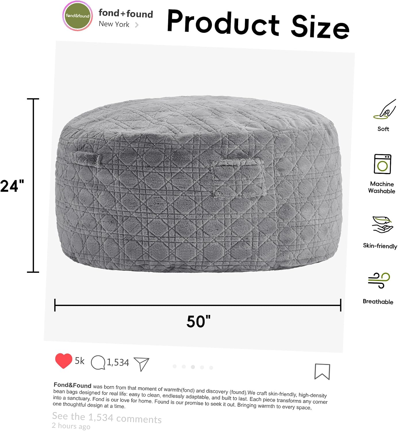 5FT Bean Bag Chair Oversized Bean Bags for Adults Large Bean Bag Beanbag Chair Washable Cover Quilted Plush Bean Bags Giant Memory Foam Bean Bag Chairs for Adults Pocket Bedrooms Living Room (Grey)