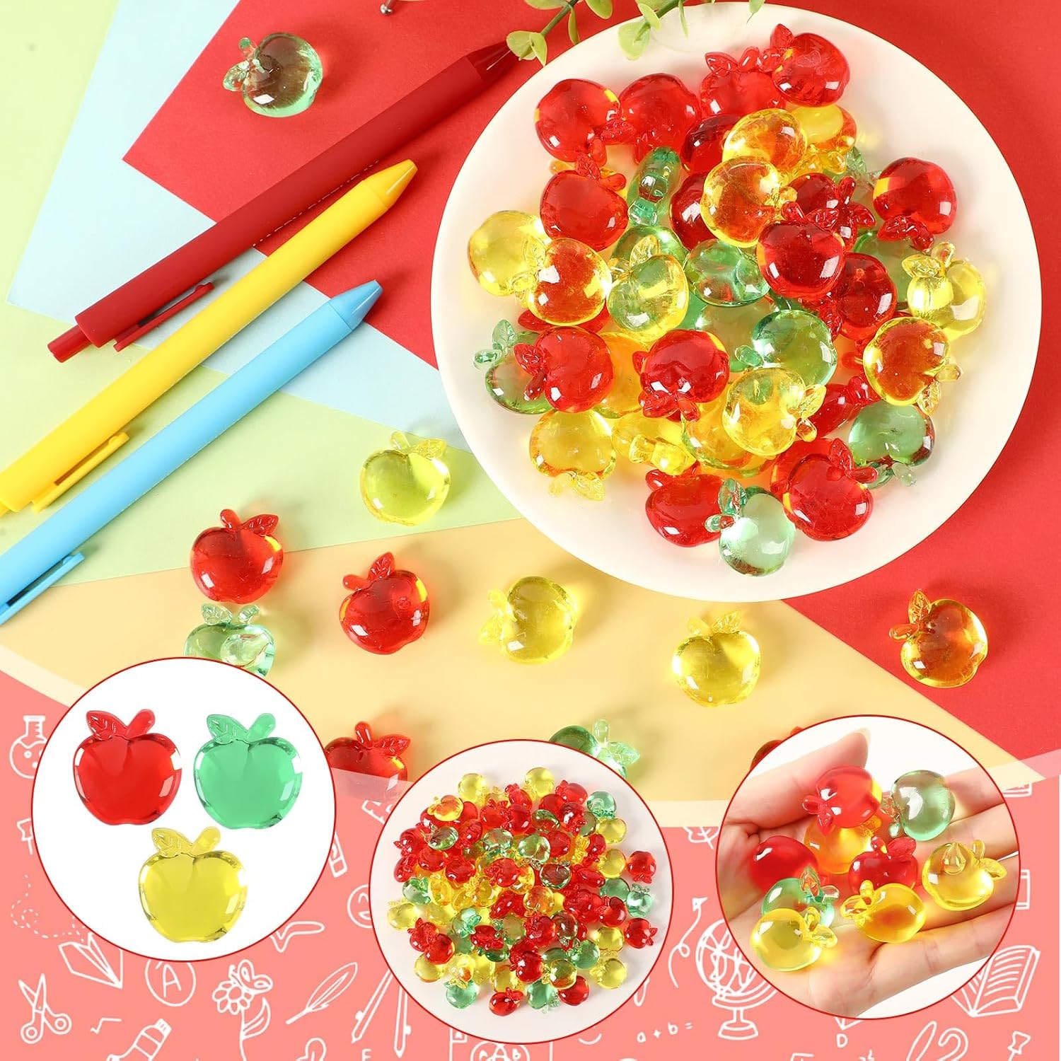 60pcs Mini Apples, Fake Apples Artificials Red Yellow Green Fake Fruit Acrylic Decor Back to School Crafts Ornaments for Vase Filler Ice Rocks Party Supplies Home School Table Decor