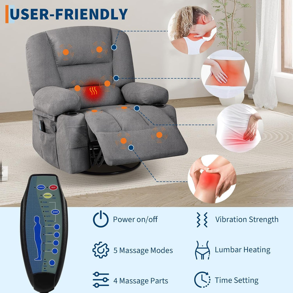 Swivel Rocker Recliner Chair with Heat and Massage, 360° Swivel Vibration Recliner Nursery Glider with Side Pocket and Cup Holders for Living Room, Bedroom, Home Theater Dark Grey