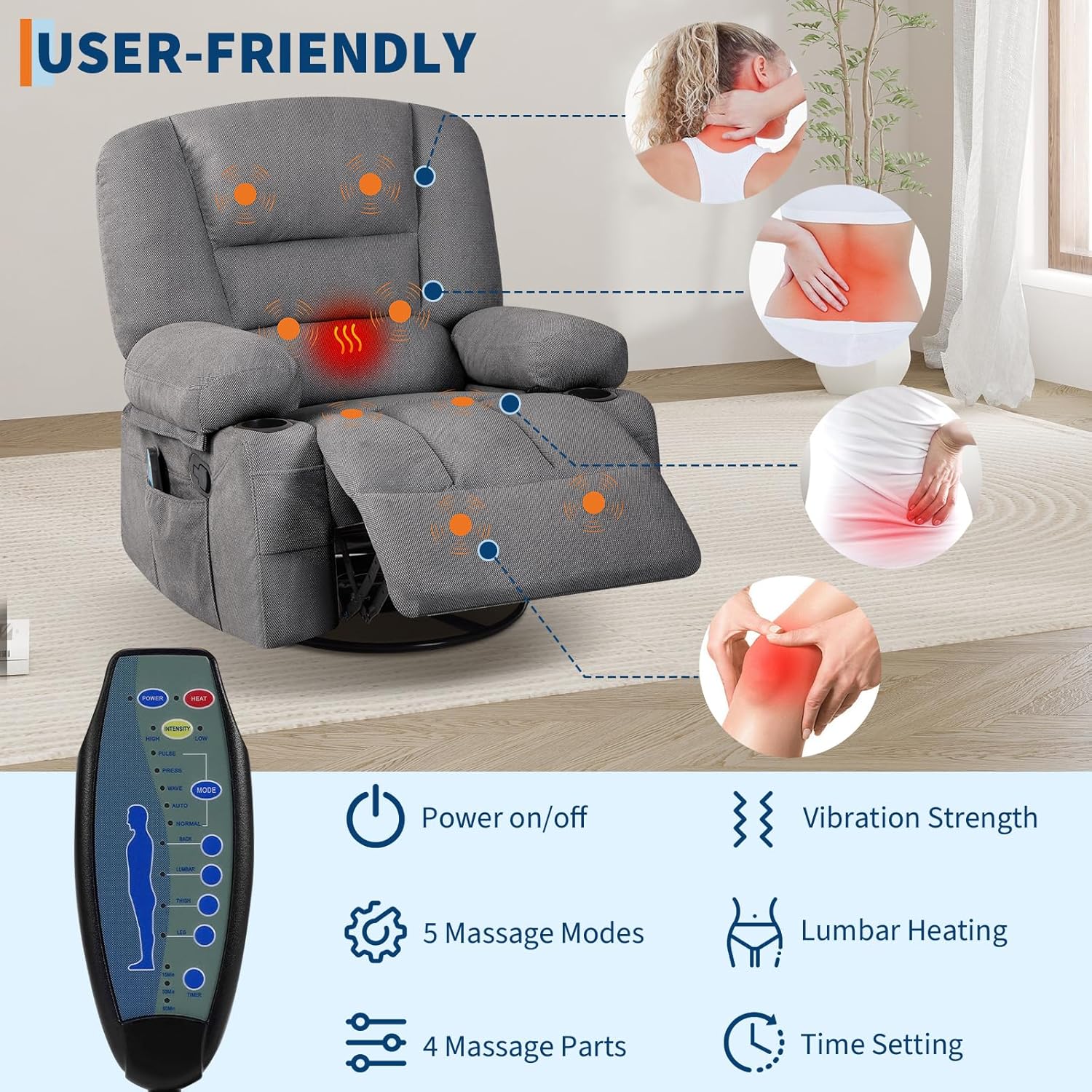 Swivel Rocker Recliner Chair with Heat and Massage, 360° Swivel Vibration Recliner Nursery Glider with Side Pocket and Cup Holders for Living Room, Bedroom, Home Theater Dark Grey