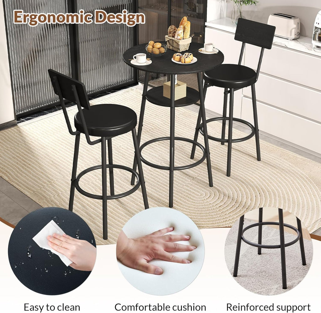 Zevemomo 3 Pieces Round Bar Table Set, Small Dining Table for 2, Black Kitchen Bar Table, Breakfast Table with Storage, 2 Thickened Cushion Stools with Backrest for Dining Room & Bistro-Black