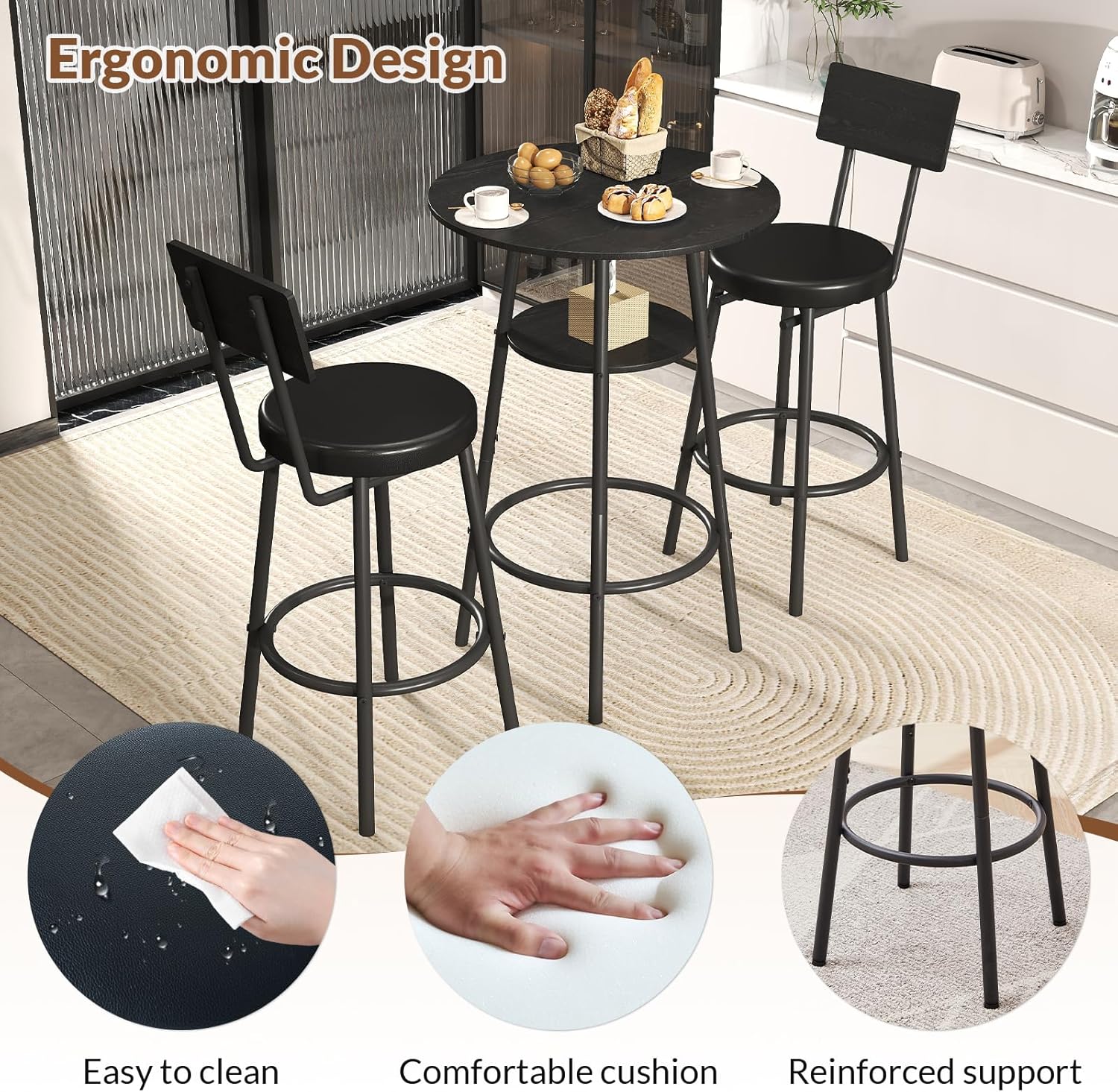 Zevemomo 3 Pieces Round Bar Table Set, Small Dining Table for 2, Black Kitchen Bar Table, Breakfast Table with Storage, 2 Thickened Cushion Stools with Backrest for Dining Room & Bistro-Black