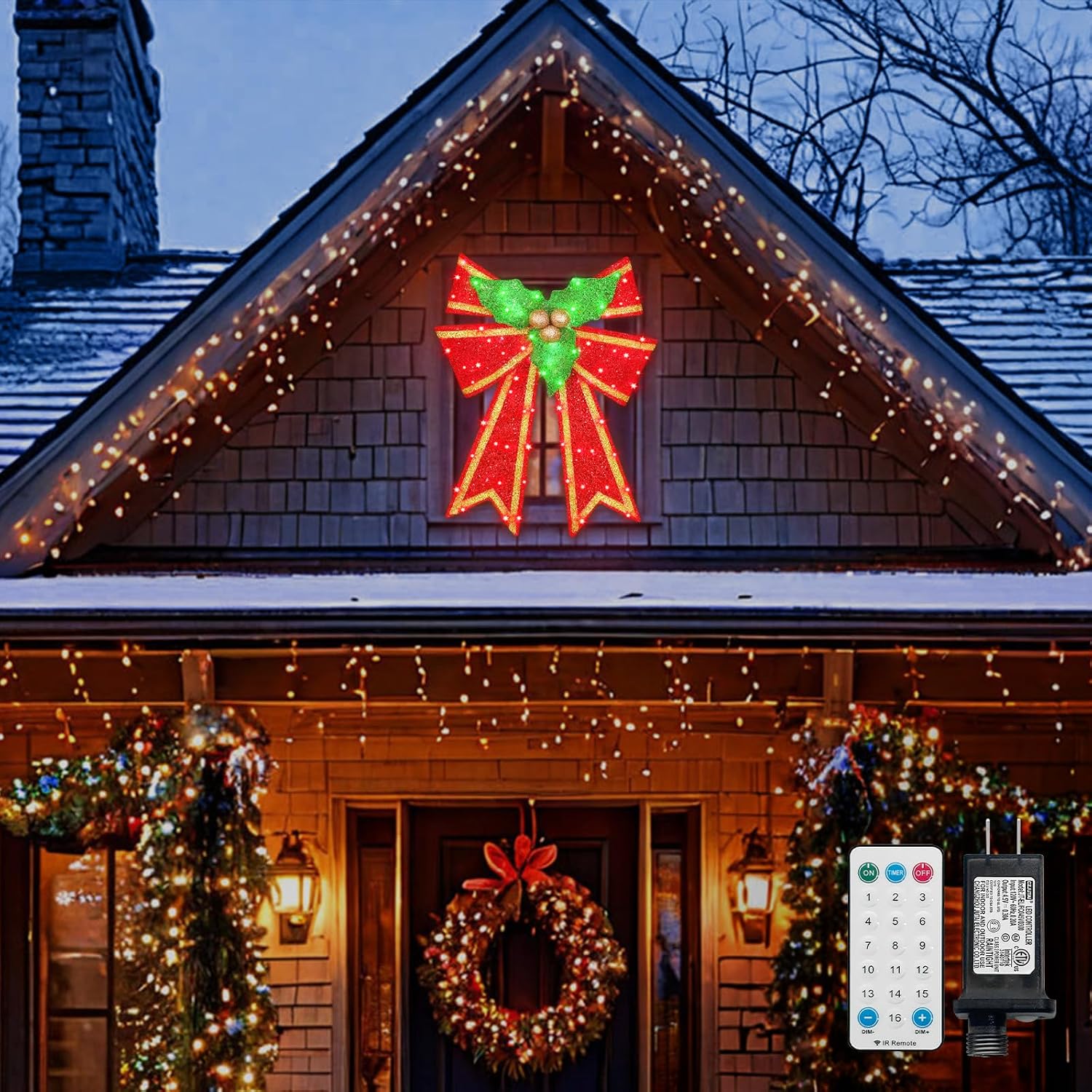 28in Pre-Lit Christmas Bow Decoration, Large Outdoor LED Holiday Yard Deco, Red and Green with Gold Accents, Pre-lit Holiday Door Wreath Topper,16Light Functions, Timer, Hook