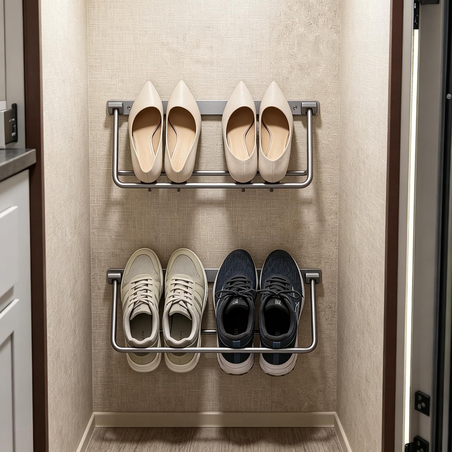 2026 New 2 Pack RV Shoe Storage, Foldable Aluminum Camper Shoe Organizer, Wall Mounted Shelf For Travel Trailer Organization Accessories And Camper Storage Black