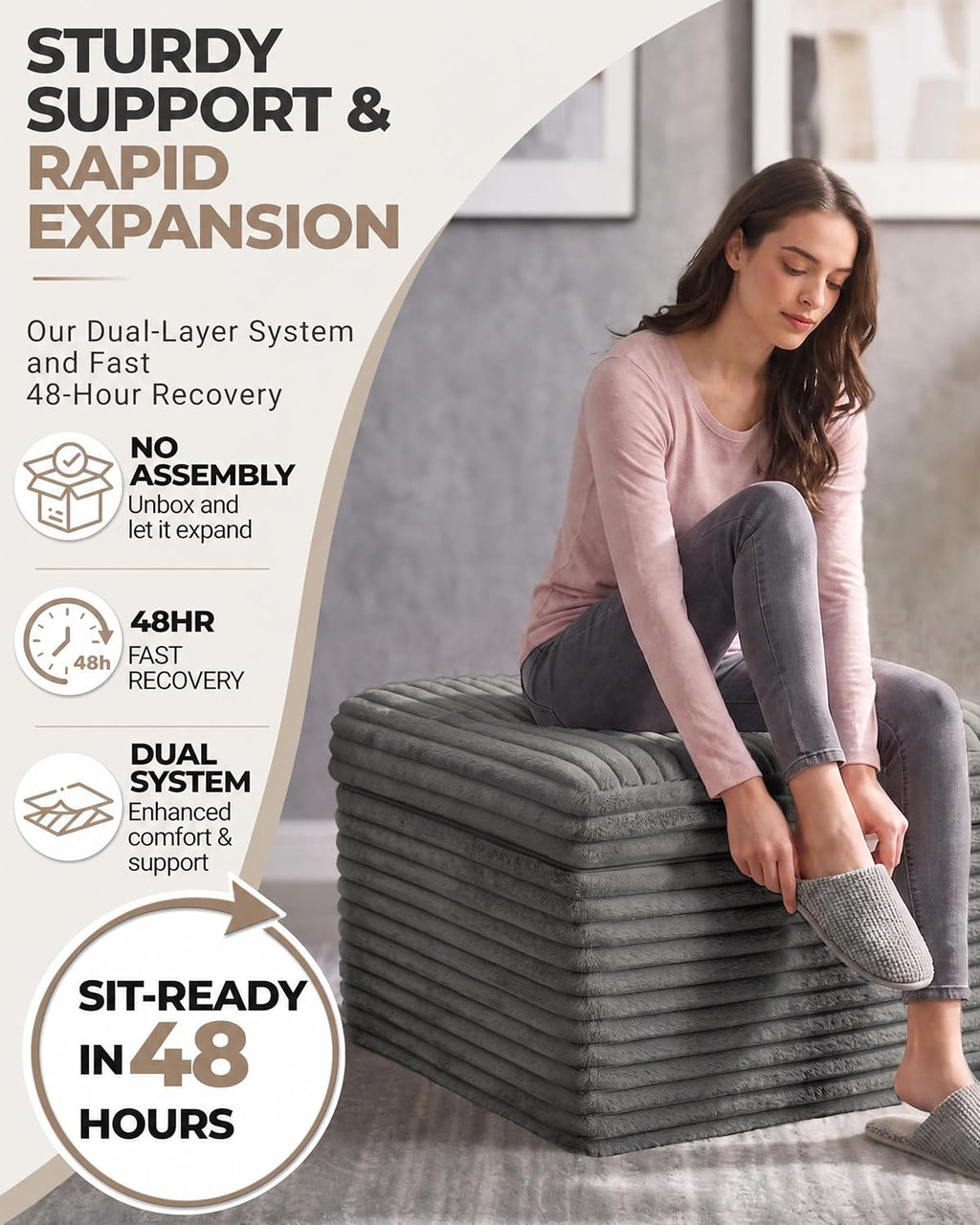 23.6in Pouf Ottoman, Corduroy Ottoman Foot Rest with Dual‑Layer Support, Large Poofy Pouf with Soft Chunk‑Foam Top & Firm Foam Base, Floor Foot Stool for Living Room, Dark Grey