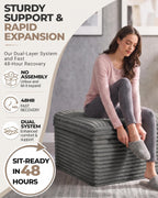 23.6in Pouf Ottoman, Corduroy Ottoman Foot Rest with Dual‑Layer Support, Large Poofy Pouf with Soft Chunk‑Foam Top & Firm Foam Base, Floor Foot Stool for Living Room, Dark Grey