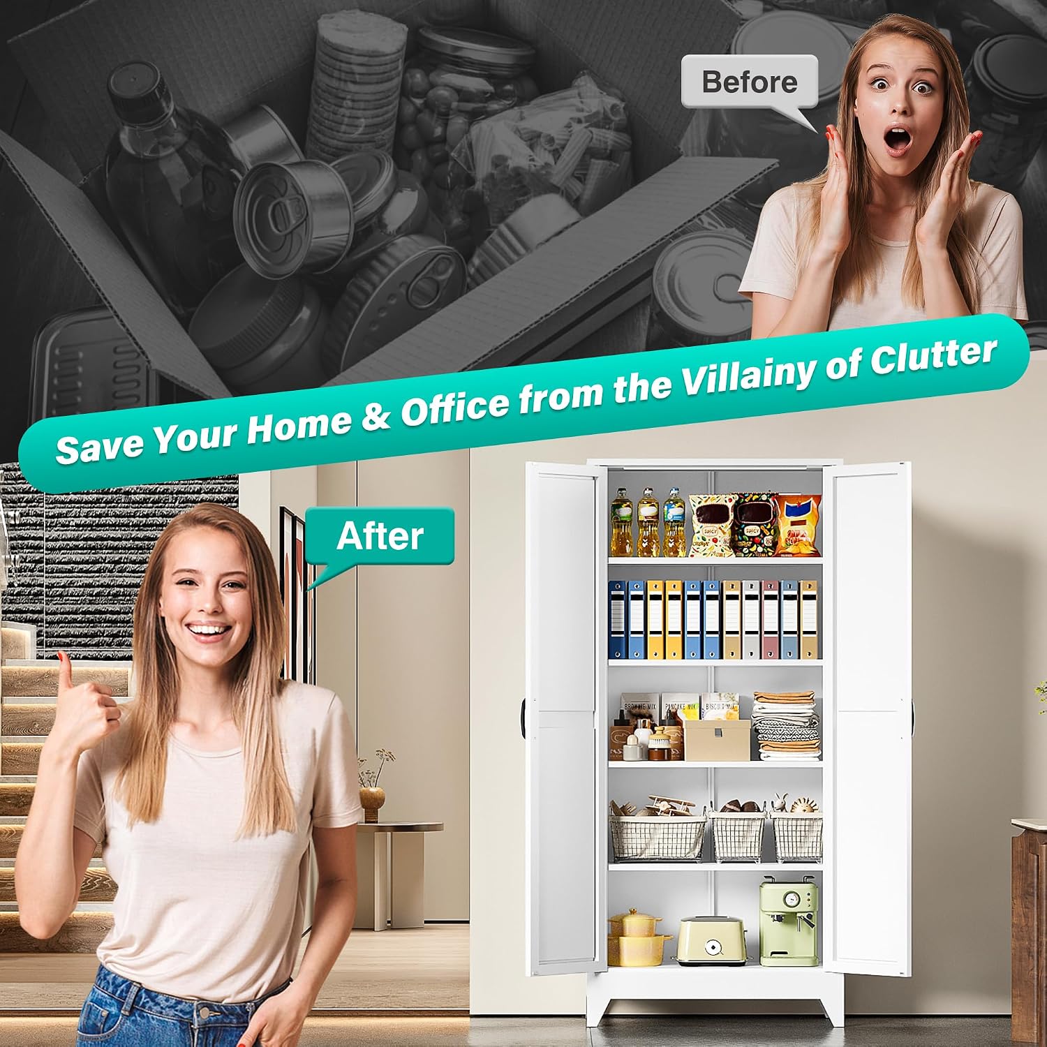 SISESOL 75" Tall Pantry Cabinet,Farmhouse Kitchen Pantry Storage Cabinets with 2 Doors and 5 Shelves,White Metal Storage Cabinet,Large Cupboard for Home,Kitchen,Dining/Living Room