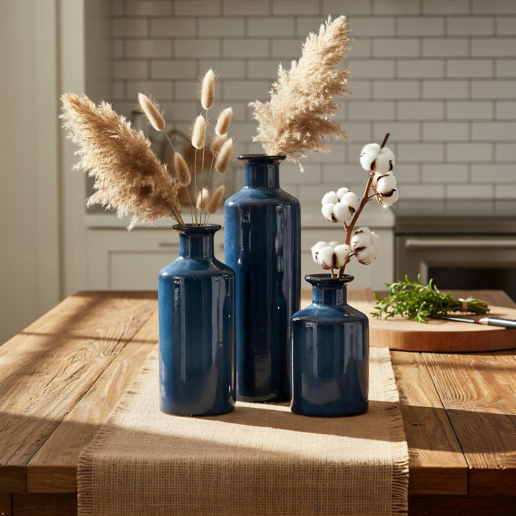 Mowtanco Blue Ceramic Vase Set of 3 Small Vases, Modern Farmhouse for Home Decor Bottles, Rustic Terracotta Vase Decorative Vases for Table,Fireplaces Decor, Bookshelf, Living Room