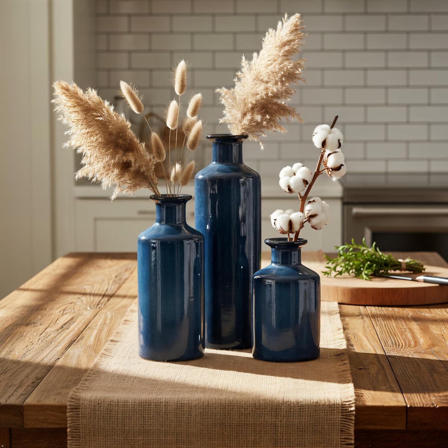 Mowtanco Blue Ceramic Vase Set of 3 Small Vases, Modern Farmhouse for Home Decor Bottles, Rustic Terracotta Vase Decorative Vases for Table,Fireplaces Decor, Bookshelf, Living Room