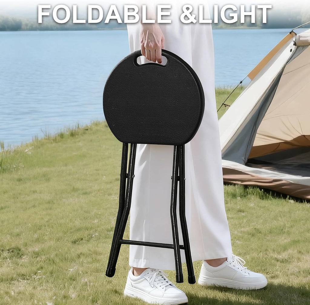 VECELO Folding Stool 4-Pack 18", HDPE Foldable Stool with Iron X-Frame, Solid Bottom Support, 500 lbs Capacity, Easy Clean, Lightweight with Handle, Anti-Slip Feet for Indoor Outdoor, Black