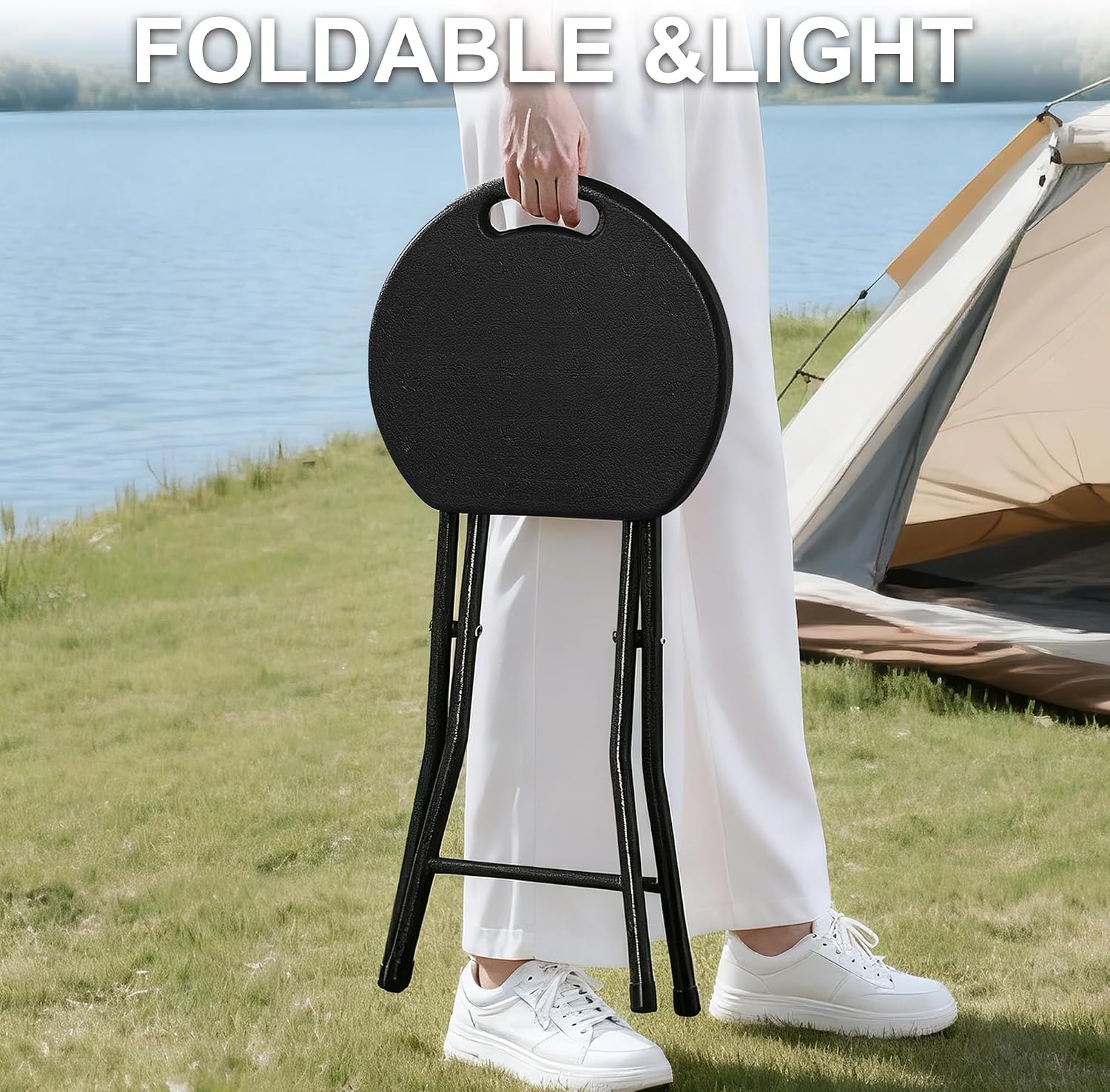 VECELO Folding Stool 4-Pack 18", HDPE Foldable Stool with Iron X-Frame, Solid Bottom Support, 500 lbs Capacity, Easy Clean, Lightweight with Handle, Anti-Slip Feet for Indoor Outdoor, Black