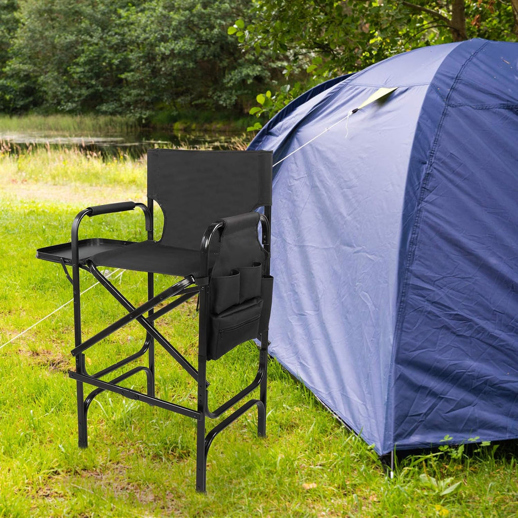 OmySalon 31" Tall Directors Chair Black Folding with Side Table Storage Bag,Aluminum Frame 300 lbs Capacity, 33.8" L x 19.2" W x 45.6" H,Portable Makeup Artist Bar Height