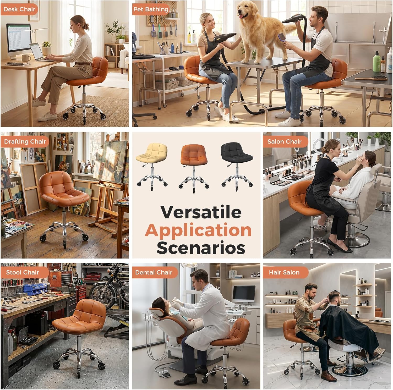 Rolling Stool Chair with Wheels, Height Adjustable Stool with Back Support, Office Drafting Chair with PU Leather Cushion for Home Office Kitchen Vanity Salon Garage Tattoo Dentist Esthetician(Camel)