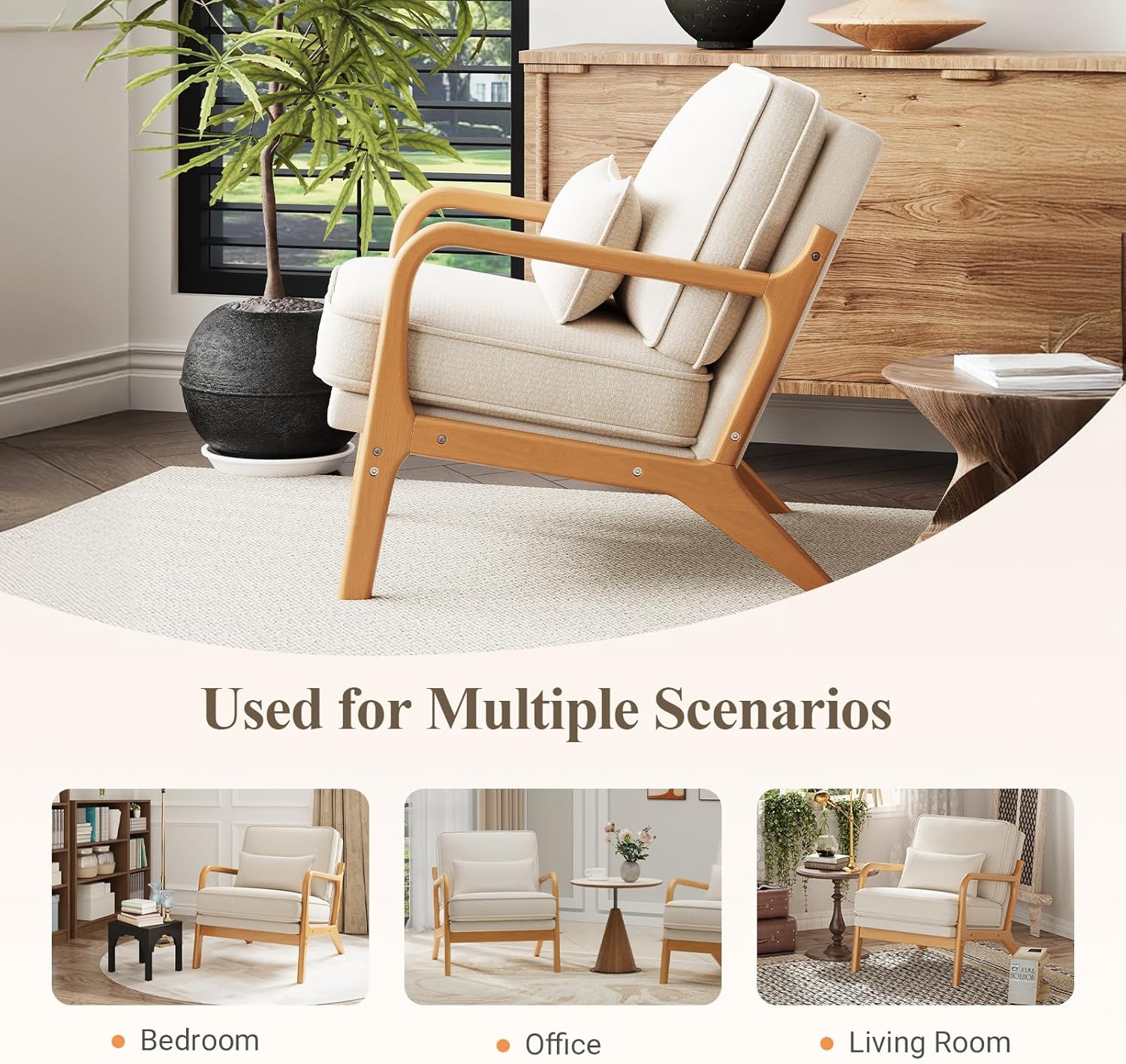 MALOL Mid-Century Accent Chair Set of 2 with Solid Wood Frame, Reading Relaxing Armchair Lumbar Pillow& Soft Cushion, Leisure Chair for Living Room, Bedroom, Waiting Room-Beige