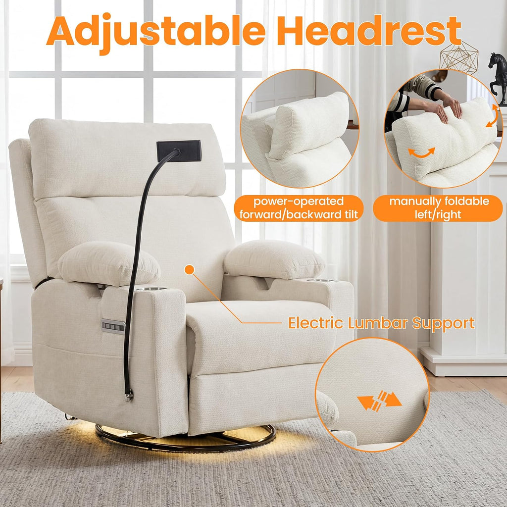 FiveWillowise Power Rocking Chair Nursery with Adjustable Armrests&Headrest, Glider Recliner Chair, Swivel Reading Chair with Electric Lumbar Support, Cup Holder, Nightlight and USB Ports,White