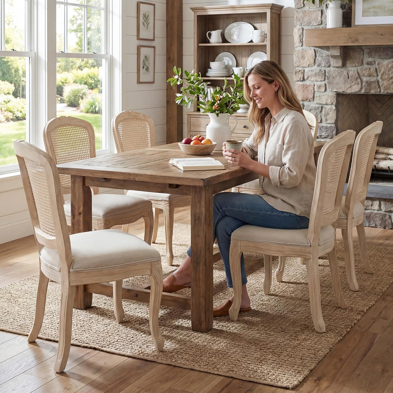 Wicker Dining Chairs Set of 4, Upholstered Linen Fabric Dining Room Chairs with Square High Rattan Back Farmhouse French Kitchen Chairs for Dining Table/Living Room/Restaurant, White
