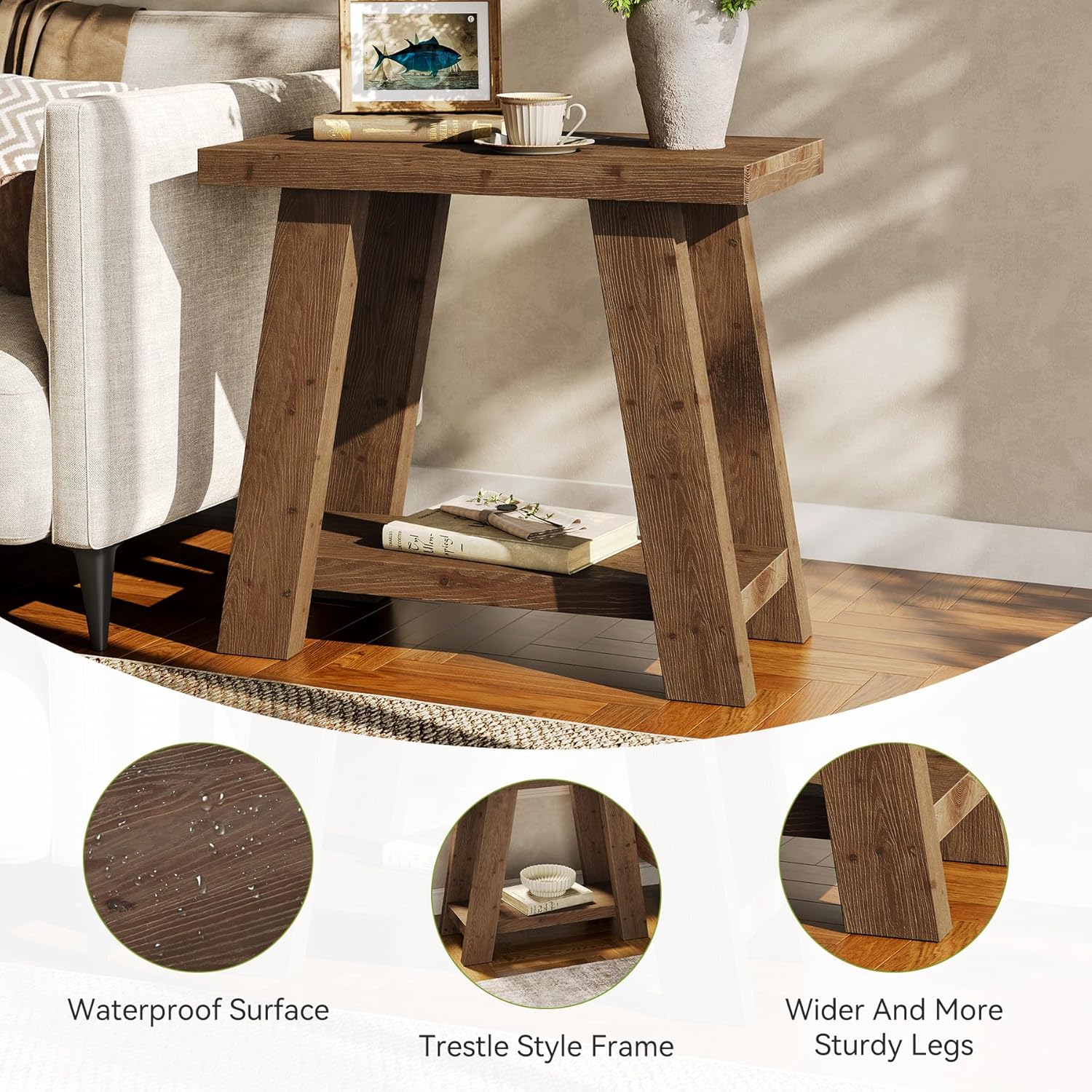 LITTLE TREE Solid Wood End Table, Small Side Table with 2-Tier Storage Shelf for Living Room, Rectangular Side Table for Couch, Bedside Table for Bedroom, Easy Assembly