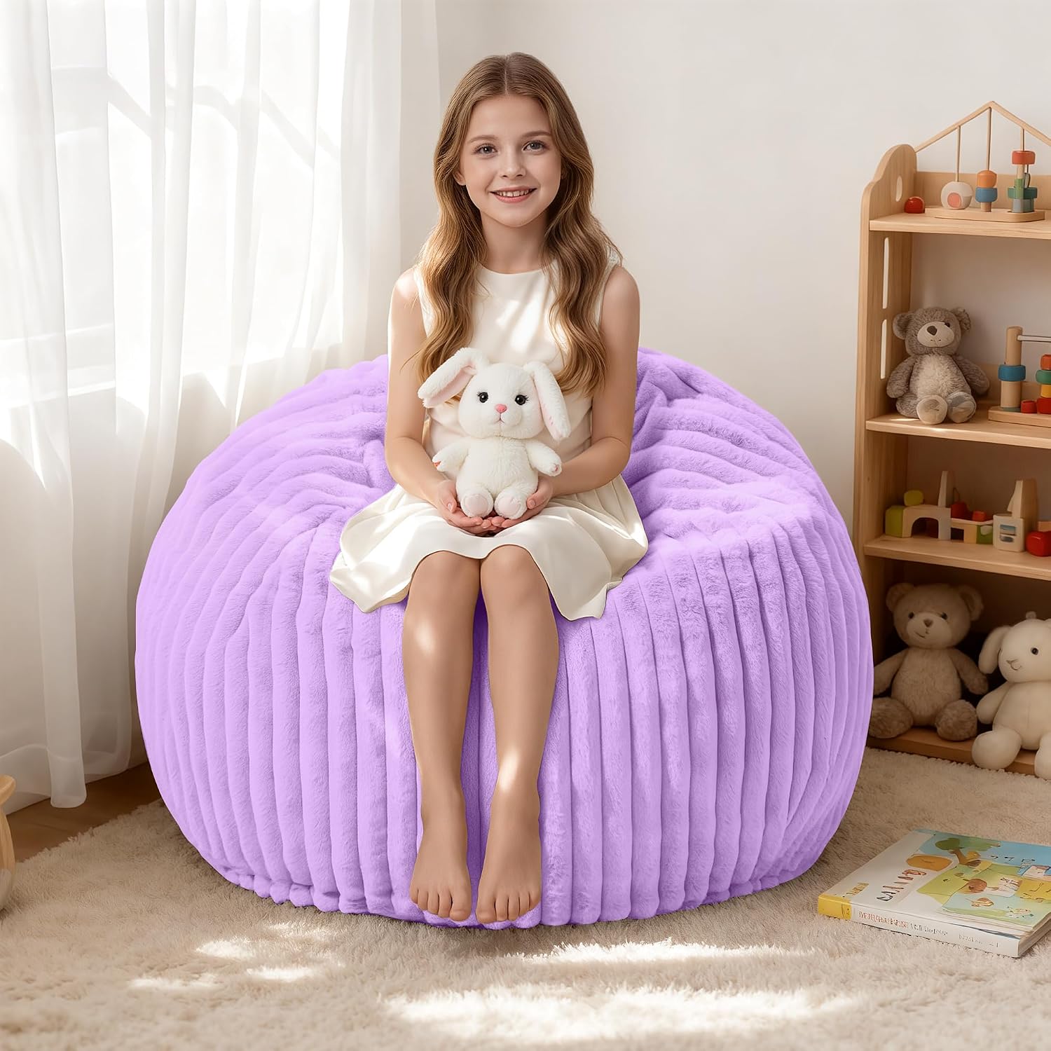 HABUTWAY 2FT Bean Bag Chair, 2' Bean Bag Chairs with Memory Foam Filled, Small Comfy Beanbag Chair with Stripe Plush Cover for Living Room Bedroom Dorm，Purple