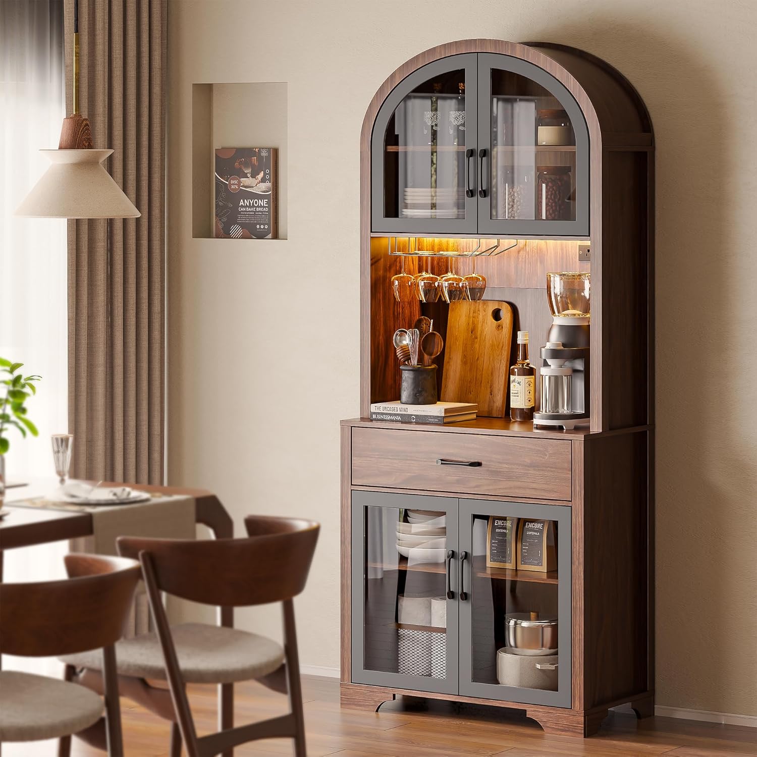 Tall Arched Kitchen Pantry Cabinet, Farmhouse Coffee Bar Cabinet with Storage, Kitchen Hutch Storage Cabinet with Countertop and Charging Station, Dining Room Kitchen Hutch Cabinet with Storage