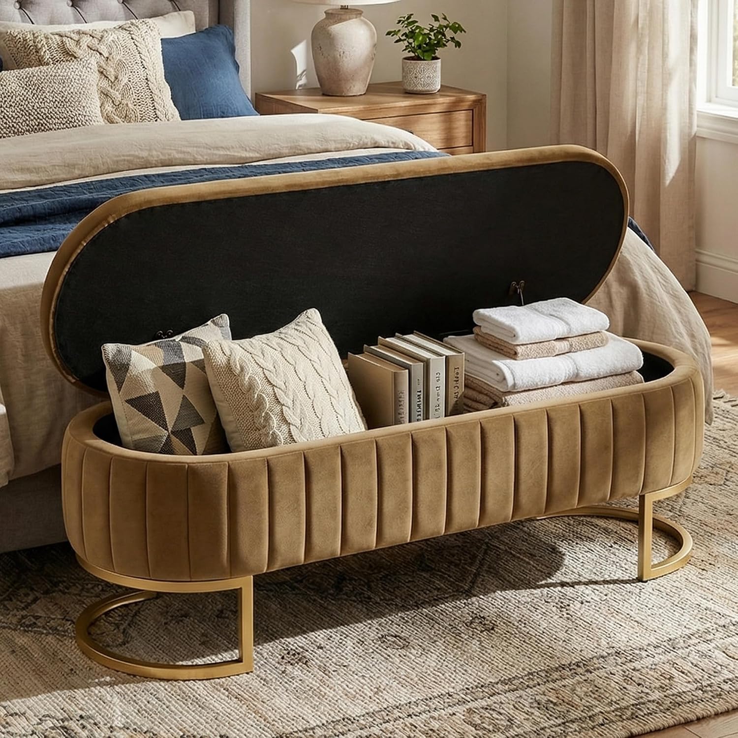 51 Inch Storage Ottoman Bench Velvet End of Bed Storage Bench King Size Upholstered Tufted Bench Large Space for Bedroom Living Room Entryway Coffee