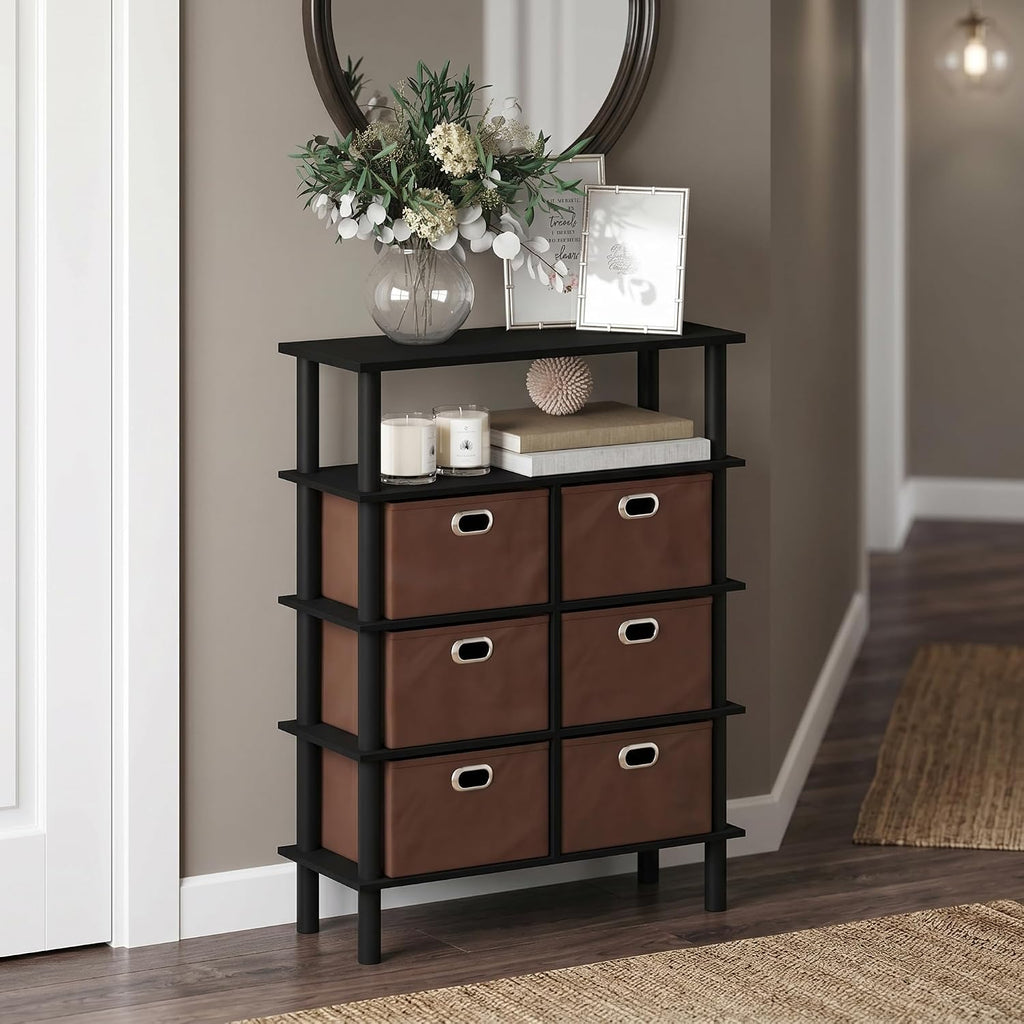 4-Tier Open Shelf Console Table, Side Table with Storage Drawer Bins, Toolless Assembly Open Back Sofa Table, Entryway Table, for Home Office, Living Room, Entryway, Black Oak