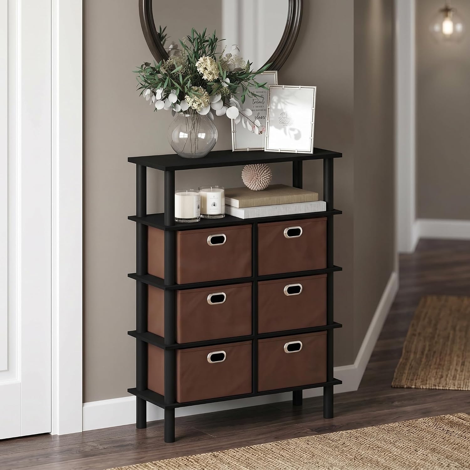 4-Tier Open Shelf Console Table, Side Table with Storage Drawer Bins, Toolless Assembly Open Back Sofa Table, Entryway Table, for Home Office, Living Room, Entryway, Black Oak