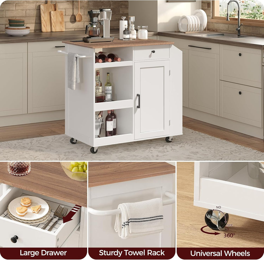 MAHANCRIS Kitchen Island with Power Outlet, Kitchen Storage Island with Drawer, Rolling Kitchen Cart on Wheels, Spice Rack, Towel Rack, Wine Rack, for Dining Room, White and Walnut KIBZ122E01