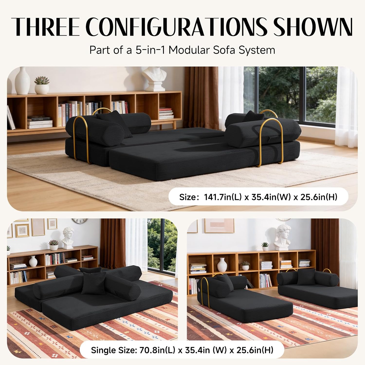 79" Corduroy Sofa Bed, Boneless Couch in a Box with 2 Pillows, High-Density Foam 4-in-1 Foldable Sleeper Futon Loveseat for Small Spaces, No Assembly, Side Pockets, Hex Arm Black