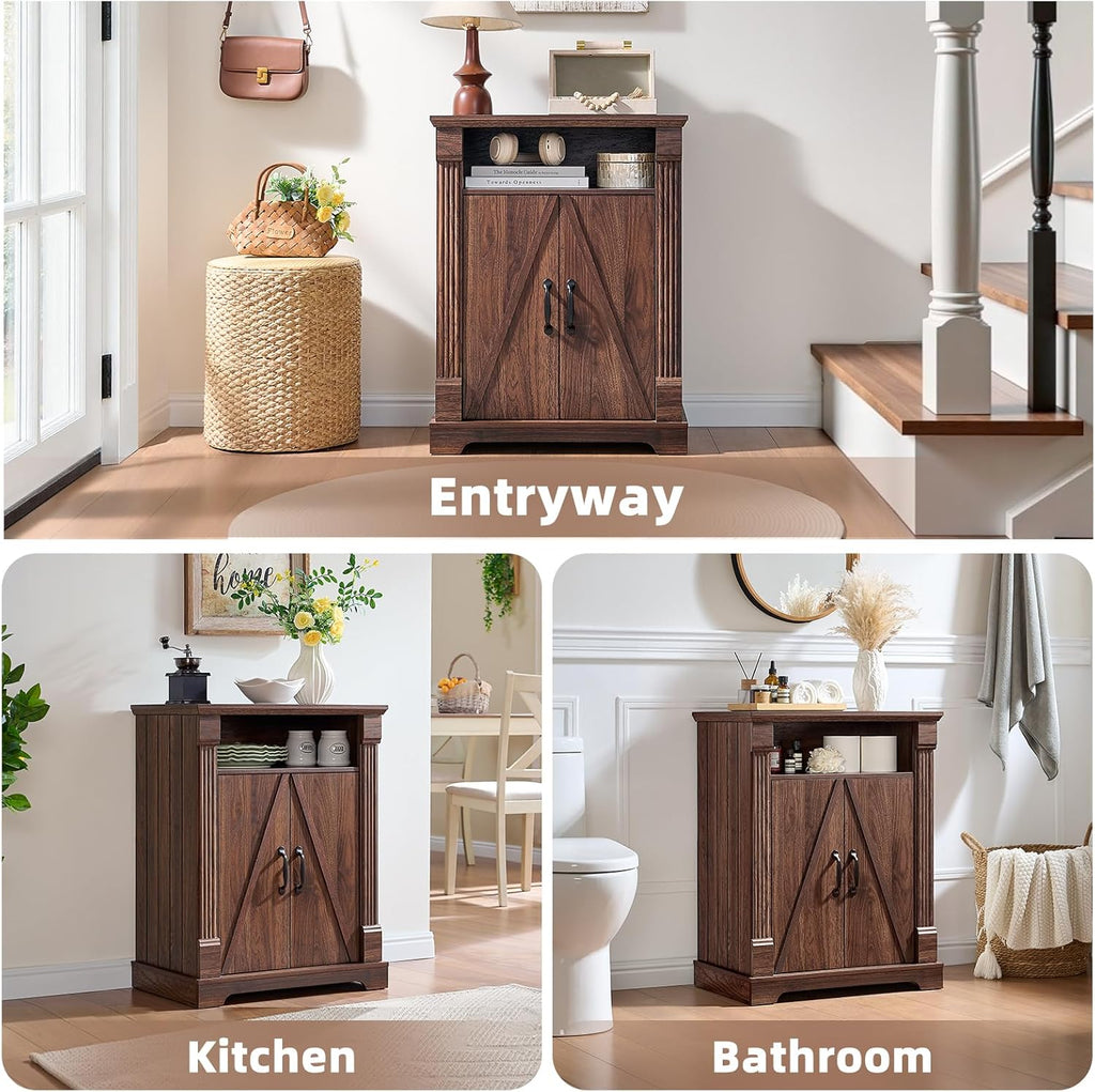 BuildHom 24" Farmhouse Storage Cabinet – Walnut Freestanding Buffet Sideboard with Barn Doors, Adjustable Shelf, Small Coffee Bar for Kitchen, Bathroom & Living Room