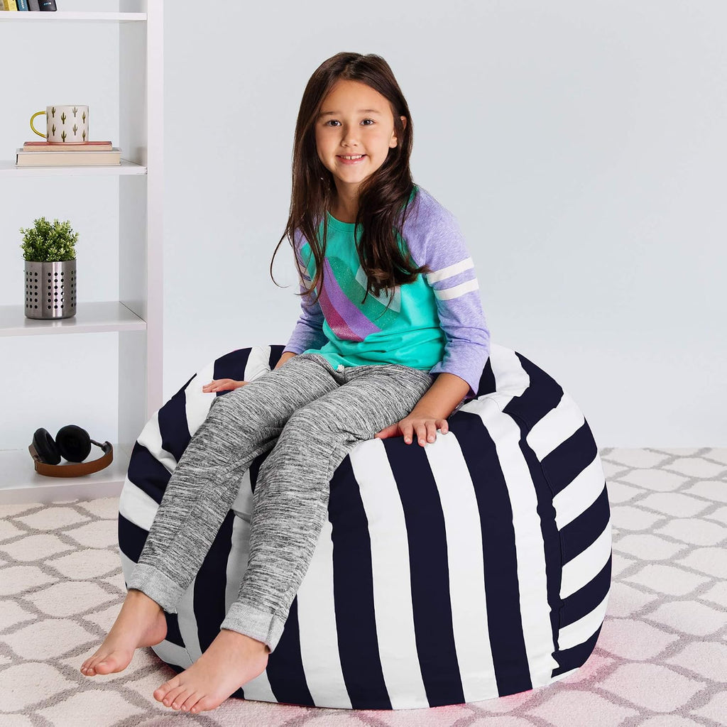 Posh Stuffable Kids Stuffed Animal Storage Bean Bag Chair Cover - Childrens Toy Organizer, Large 38" - Canvas Stripes Blue and White