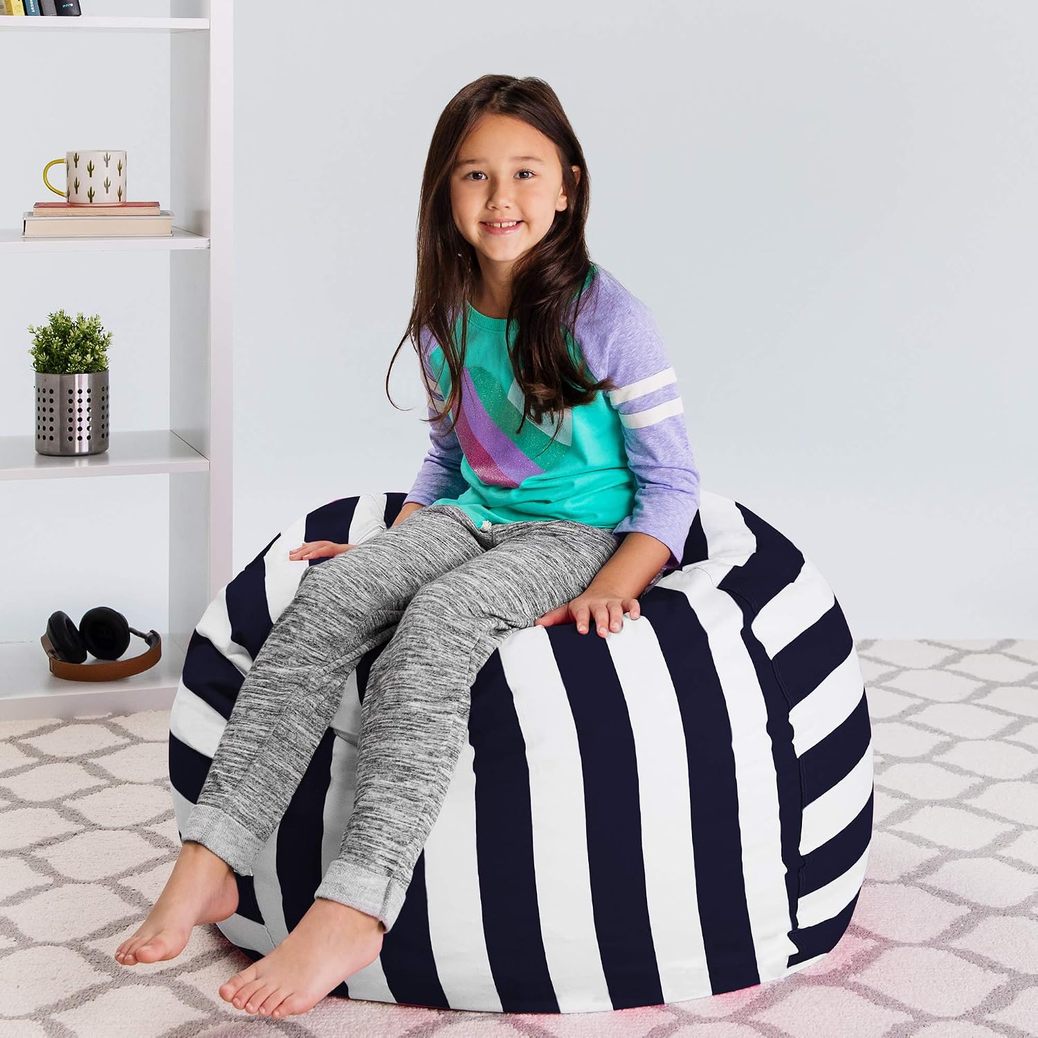 Posh Stuffable Kids Stuffed Animal Storage Bean Bag Chair Cover - Childrens Toy Organizer, Large 38" - Canvas Stripes Blue and White