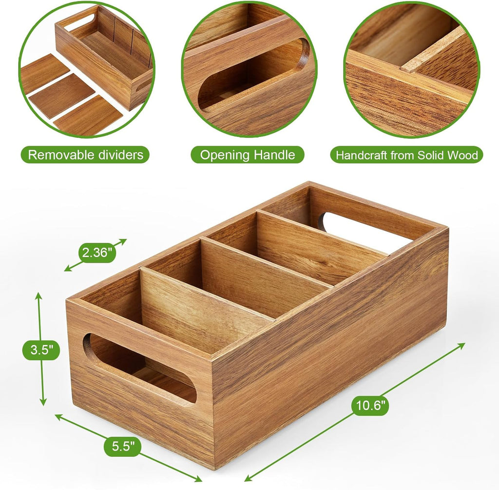 DRASTAR Pantry Organization and Storage Bins, Acacia Wood Seasoning Packet Organizer with Removable Dividers,Storage Caddy for Kitchen, Pantry, Cabinet, Countertop