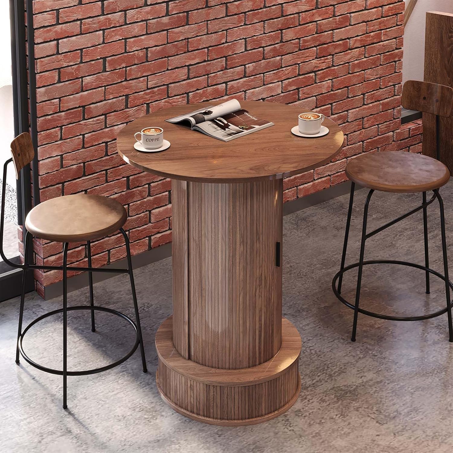Round Bar Table with 2-Tier Hidden Storage, 38.1" H Wood High Top Table, Bistro Pub Table with Footrest, Cocktail Tables for Coffee Bar, Kitchen Dining Room, Small Space (Walnut)