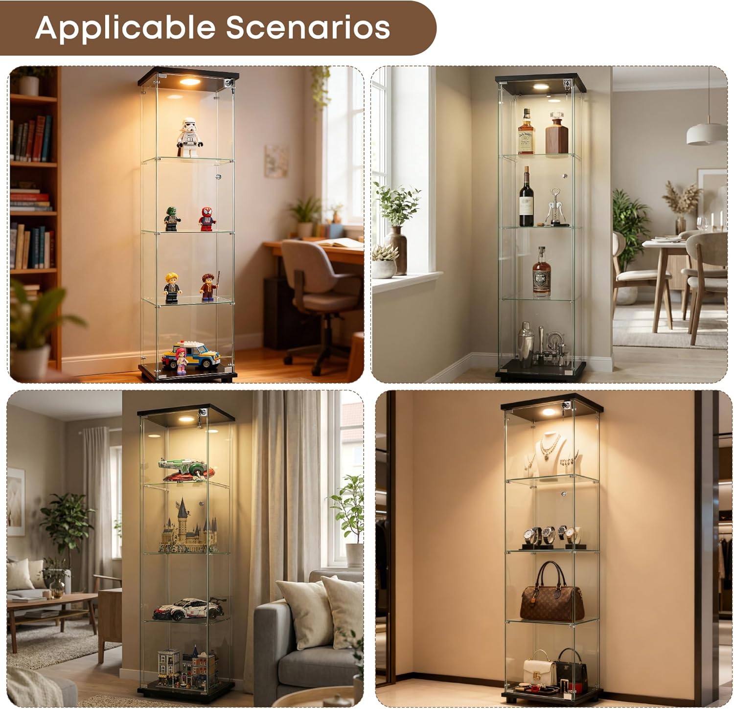 Display Cabinet with Glass Door and LED Light, 4-Shelf Glass Display Case, Curio Cabinet for Collectibles/Toys/Books,Black 64.6" H X 13.6" W X 15.7" L